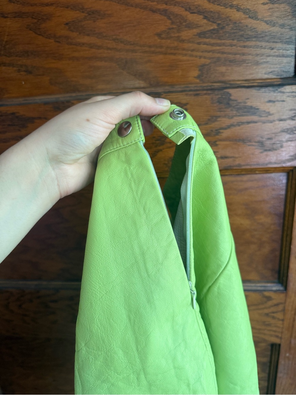 VINTAGE AMERICAN APPAREL Y2K Genuine Leather Mini Skirt Zip Up Apple Green US M - Picture 5 of 6